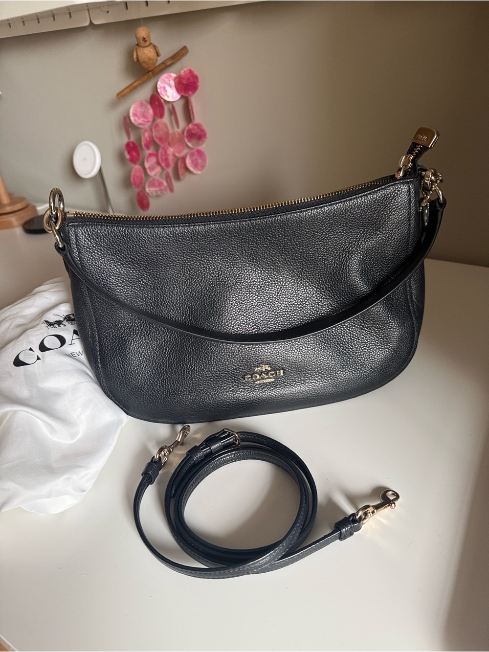 Coach Black Pebbled Leather Shoulder/Crossbody Bag with Gold Hardware